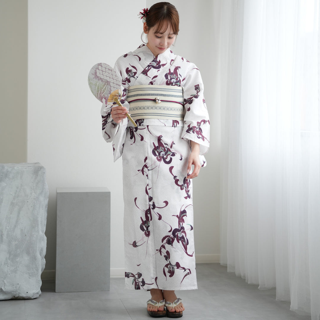 utatane 高級変わり織 浴衣3点セット ( ゆかた・帯・下駄 ) 赤紫