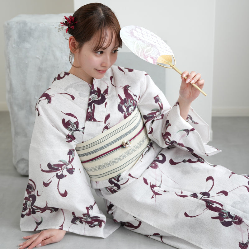 【utatane 高級変わり織 浴衣3点セット ( ゆかた・帯・下駄 ) 赤紫とグリーンの乱菊】 フリーサイズ 国産生地 国内染色　昭和初期アンティーク復刻版（5010267911）