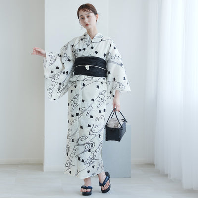 【utatane 高級変わり織 浴衣3点セット ( ゆかた・帯・下駄 ) きなりぼかしに黒千鳥】 フリーサイズ 国産生地 国内染色　昭和初期アンティーク復刻版（5010268211）