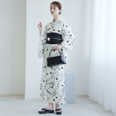 【utatane 高級変わり織 浴衣3点セット ( ゆかた・帯・下駄 ) きなりぼかしに黒千鳥】 Lサイズ（165-175cm） 国産生地 国内染色　昭和初期アンティーク復刻版（5012268211）