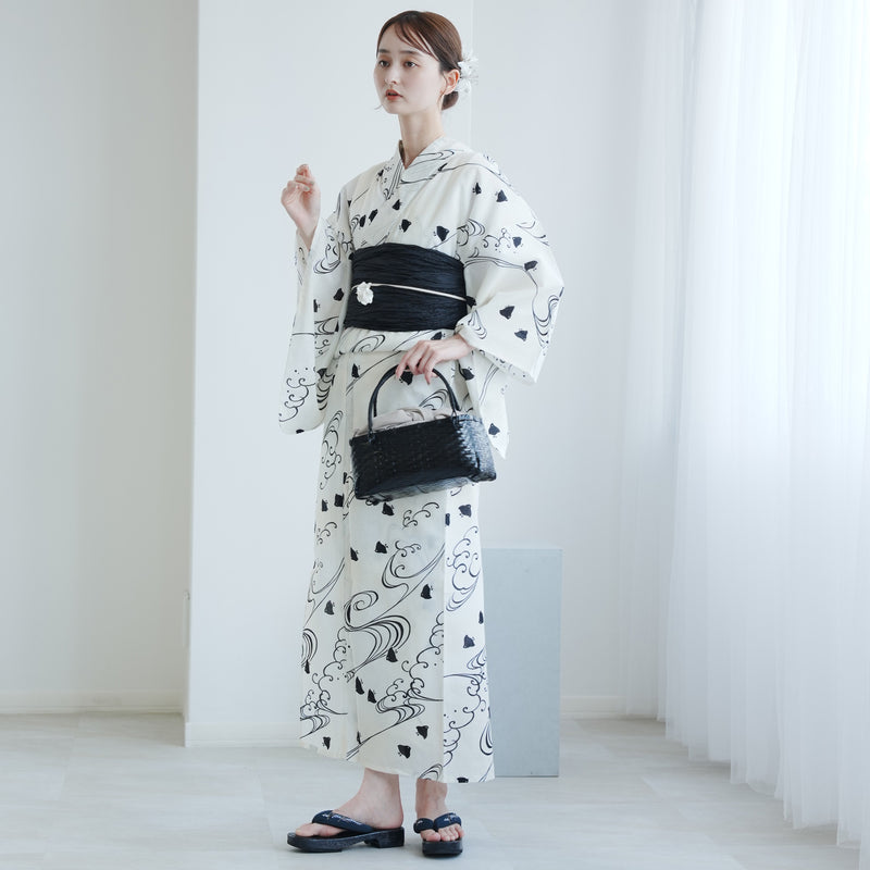 【utatane 高級変わり織 浴衣3点セット ( ゆかた・帯・下駄 ) きなりぼかしに黒千鳥】 フリーサイズ 国産生地 国内染色　昭和初期アンティーク復刻版（5010268211）