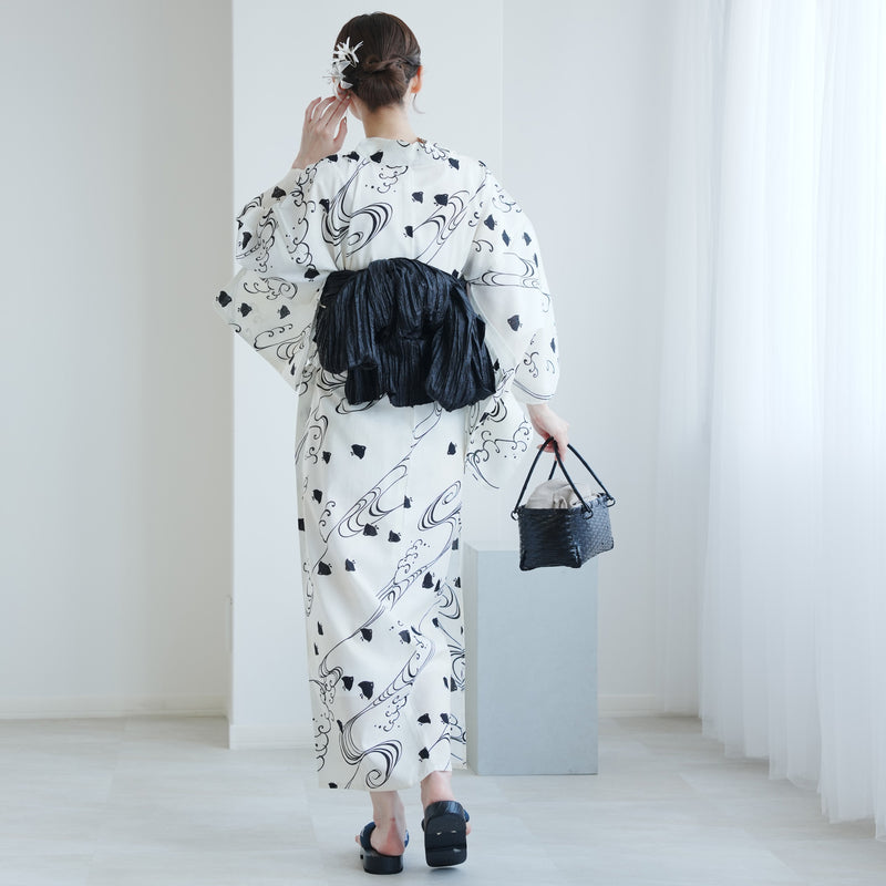【utatane 高級変わり織 浴衣3点セット ( ゆかた・帯・下駄 ) きなりぼかしに黒千鳥】 フリーサイズ 国産生地 国内染色　昭和初期アンティーク復刻版（5010268211）
