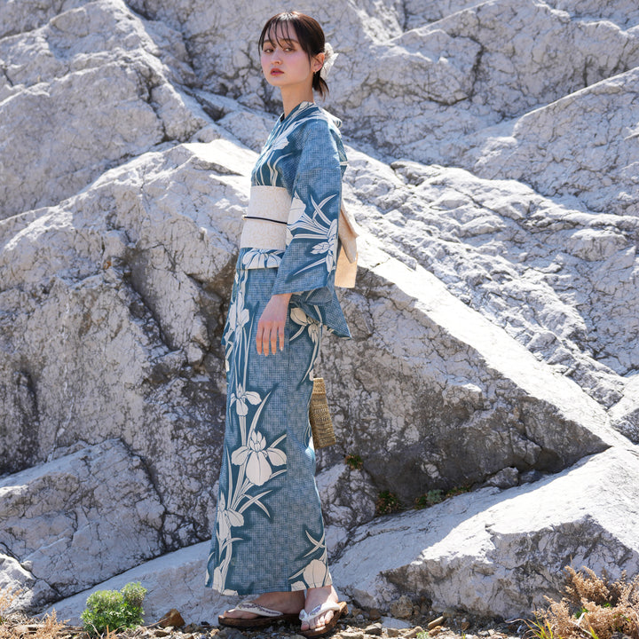 utatane 高級変わり織 浴衣3点セット ( ゆかた・帯・下駄 ) 鈍青