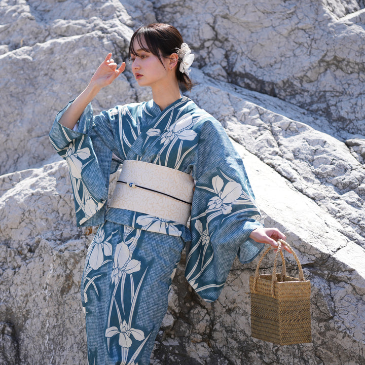 utatane 高級変わり織 浴衣3点セット ( ゆかた・帯・下駄 ) 鈍青に菖蒲