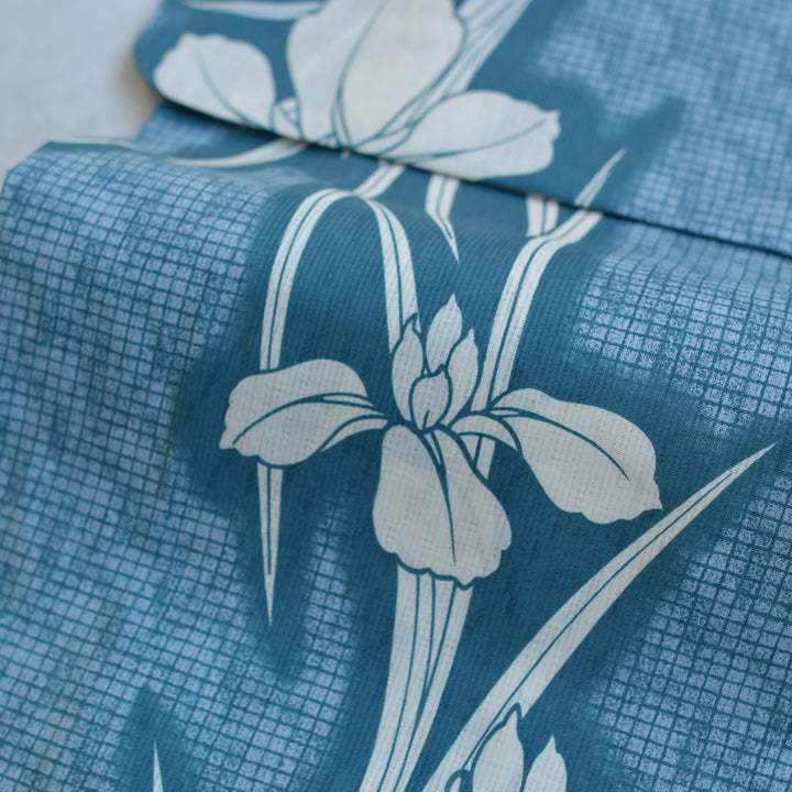 utatane 高級変わり織 浴衣3点セット ( ゆかた・帯・下駄 ) 鈍青に菖蒲