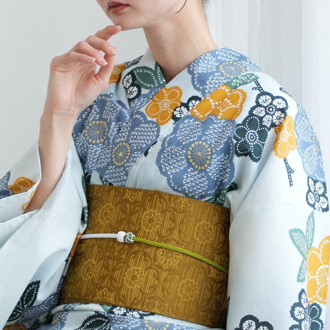 utatane 高級変わり織 浴衣3点セット ( ゆかた・帯・下駄 ) 水色