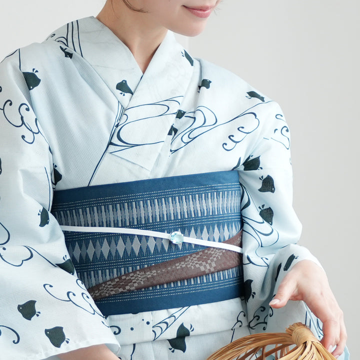 【６】浴衣セット◆浴衣・作り帯・桐下駄◆ウタタネ 水色◆新品未使用 浴衣 セット レディース ゆったりサイズ 浴衣3点セット 浴衣/帯