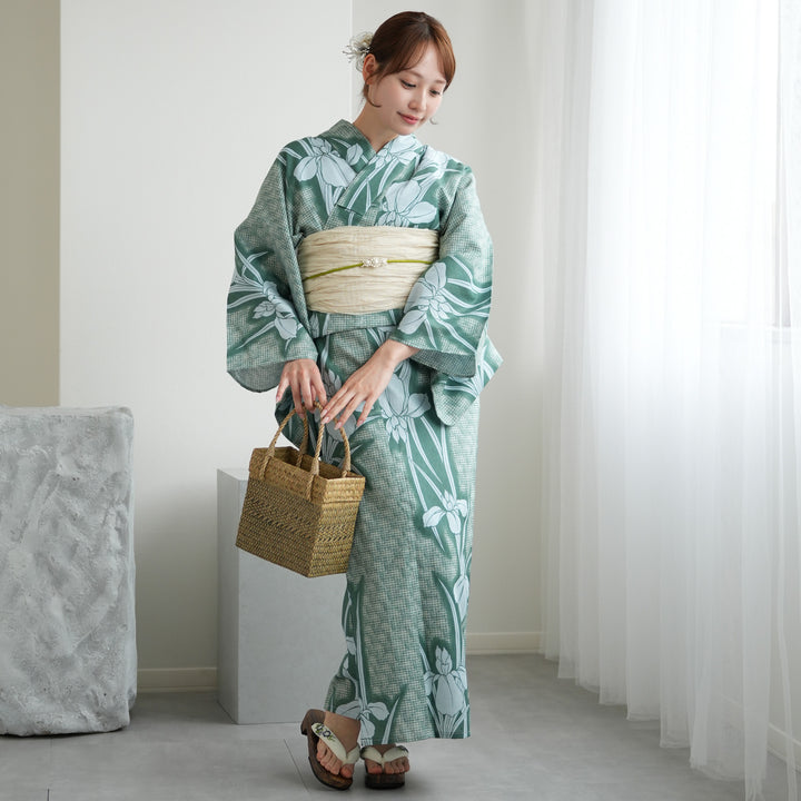 utatane 高級変わり織 浴衣3点セット ( ゆかた・帯・下駄 ) 翡翠に菖蒲