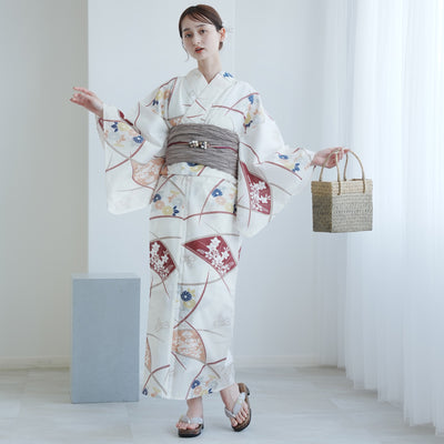 【utatane 高級変わり織 浴衣3点セット ( ゆかた・帯・下駄 ) クリームに露芝紋の古典花】 Sサイズ（150-160cm） 国産生地 国内染色　昭和初期アンティーク復刻版（5011269011）