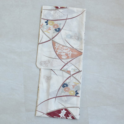 【utatane 高級変わり織 浴衣3点セット ( ゆかた・帯・下駄 ) クリームに露芝紋の古典花】 3Lサイズ（ヒップ約130cm位まで対応） 国産生地 国内染色　昭和初期アンティーク復刻版（5013269011）