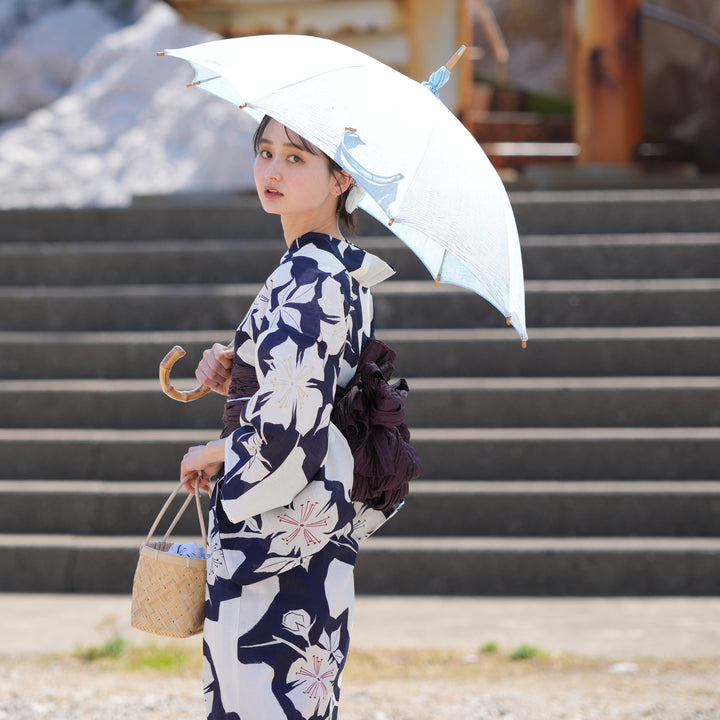 utatane 高級変わり織 浴衣3点セット ( ゆかた・帯・下駄 ) 白地に紺の