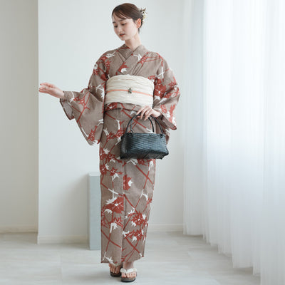 【utatane 高級変わり織 浴衣3点セット ( ゆかた・帯・下駄 ) ココアと赤茶のあざみ砂嵐】Sサイズ（150-160cm） 国産生地 国内染色　昭和初期アンティーク復刻版（5011269211）