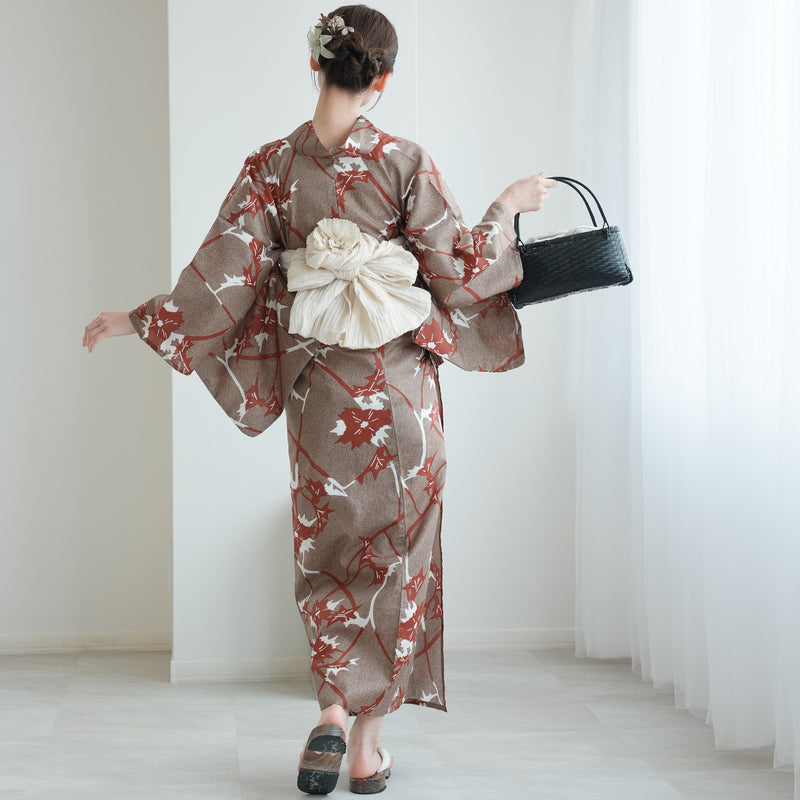 【utatane 高級変わり織 浴衣3点セット ( ゆかた・帯・下駄 ) ココアと赤茶のあざみ砂嵐】Sサイズ（150-160cm） 国産生地 国内染色　昭和初期アンティーク復刻版（5011269211）
