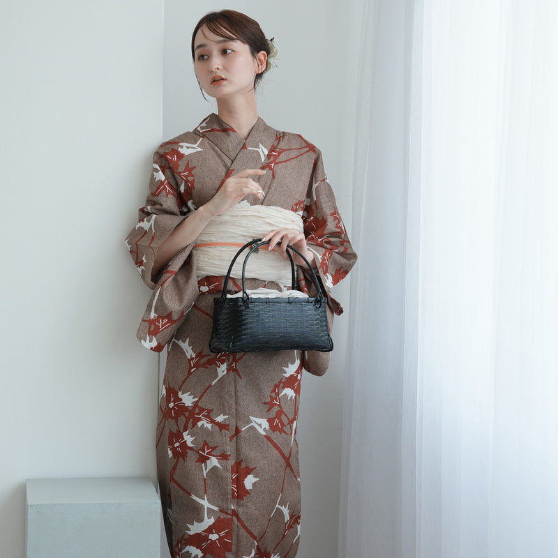 【utatane 高級変わり織 浴衣3点セット ( ゆかた・帯・下駄 ) ココアと赤茶のあざみ砂嵐】Sサイズ（150-160cm） 国産生地 国内染色　昭和初期アンティーク復刻版（5011269211）
