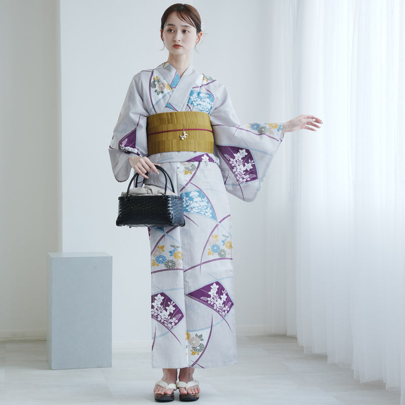 【utatane 高級変わり織 浴衣3点セット ( ゆかた・帯・下駄 ) グレーに露芝紋の古典花】 3Lサイズ（ヒップ約130cm位まで対応）国産生地 国内染色　昭和初期アンティーク復刻版（5013269411）