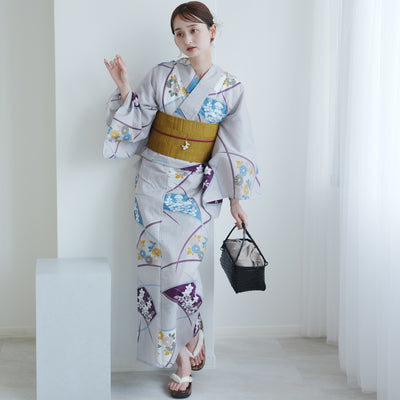 【utatane 高級変わり織 浴衣3点セット ( ゆかた・帯・下駄 ) グレーに露芝紋の古典花】 フリーサイズ 国産生地 国内染色　昭和初期アンティーク復刻版（5010269411）