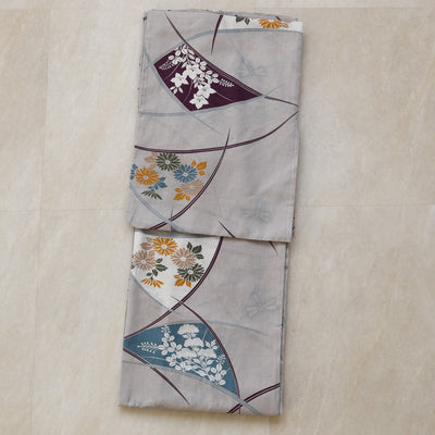 【utatane 高級変わり織 浴衣3点セット ( ゆかた・帯・下駄 ) グレーに露芝紋の古典花】 3Lサイズ（ヒップ約130cm位まで対応）国産生地 国内染色　昭和初期アンティーク復刻版（5013269411）