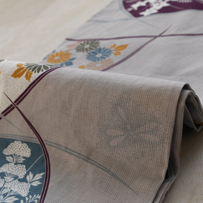 【utatane 高級変わり織 浴衣3点セット ( ゆかた・帯・下駄 ) グレーに露芝紋の古典花】 3Lサイズ（ヒップ約130cm位まで対応）国産生地 国内染色　昭和初期アンティーク復刻版（5013269411）