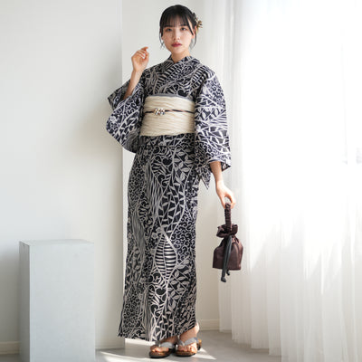 【ニコアンティーク 高級変わり織 浴衣3点セット ( ゆかた・帯・下駄 ) 墨色によろけ草】 フリーサイズ 国産生地 国内染色　個性派きもの（5010269711）