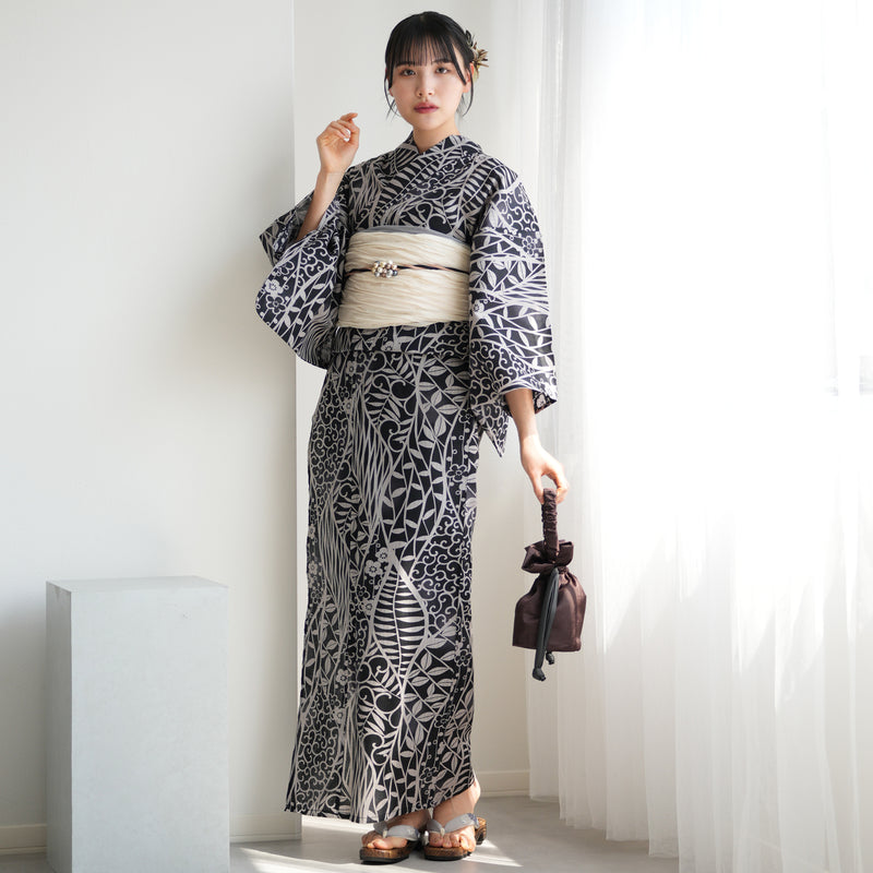 【ニコアンティーク 高級変わり織 浴衣3点セット ( ゆかた・帯・下駄 ) 墨色によろけ草】 フリーサイズ 国産生地 国内染色　個性派きもの（5010269711）