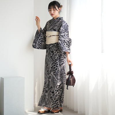 【ニコアンティーク 高級変わり織 浴衣3点セット ( ゆかた・帯・下駄 ) 墨色によろけ草】 フリーサイズ 国産生地 国内染色　個性派きもの（5010269711）