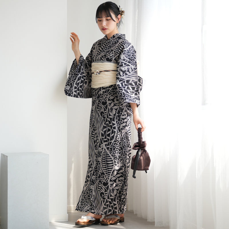 【ニコアンティーク 高級変わり織 浴衣3点セット ( ゆかた・帯・下駄 ) 墨色によろけ草】 フリーサイズ 国産生地 国内染色　個性派きもの（5010269711）