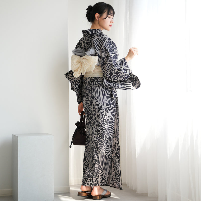 【ニコアンティーク 高級変わり織 浴衣3点セット ( ゆかた・帯・下駄 ) 墨色によろけ草】 フリーサイズ 国産生地 国内染色　個性派きもの（5010269711）