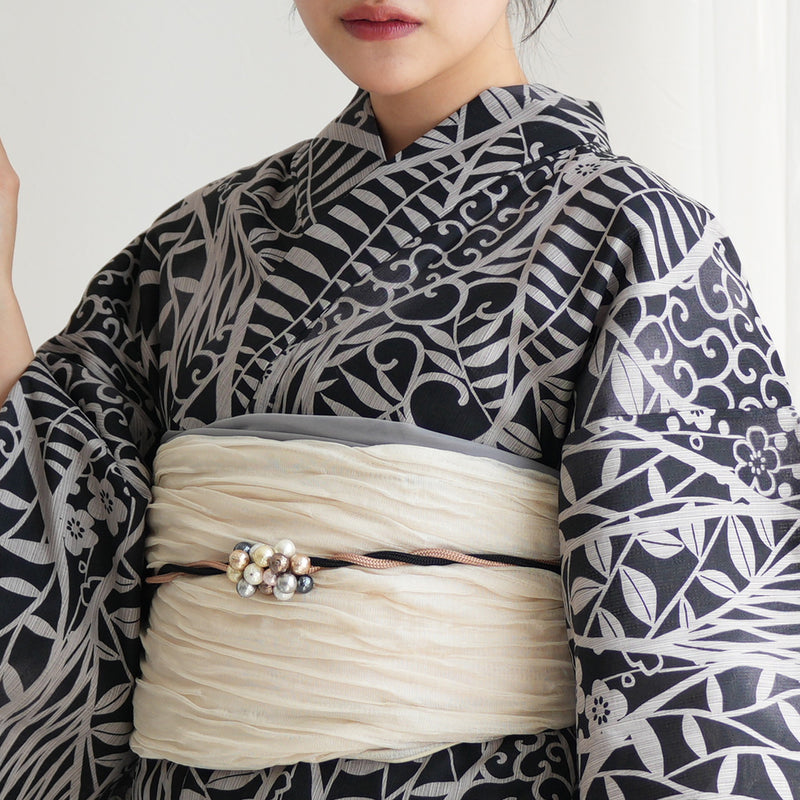【ニコアンティーク 高級変わり織 浴衣3点セット ( ゆかた・帯・下駄 ) 墨色によろけ草】 フリーサイズ 国産生地 国内染色　個性派きもの（5010269711）