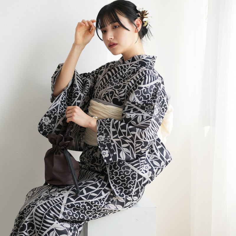 【ニコアンティーク 高級変わり織 浴衣3点セット ( ゆかた・帯・下駄 ) 墨色によろけ草】 フリーサイズ 国産生地 国内染色　個性派きもの（5010269711）