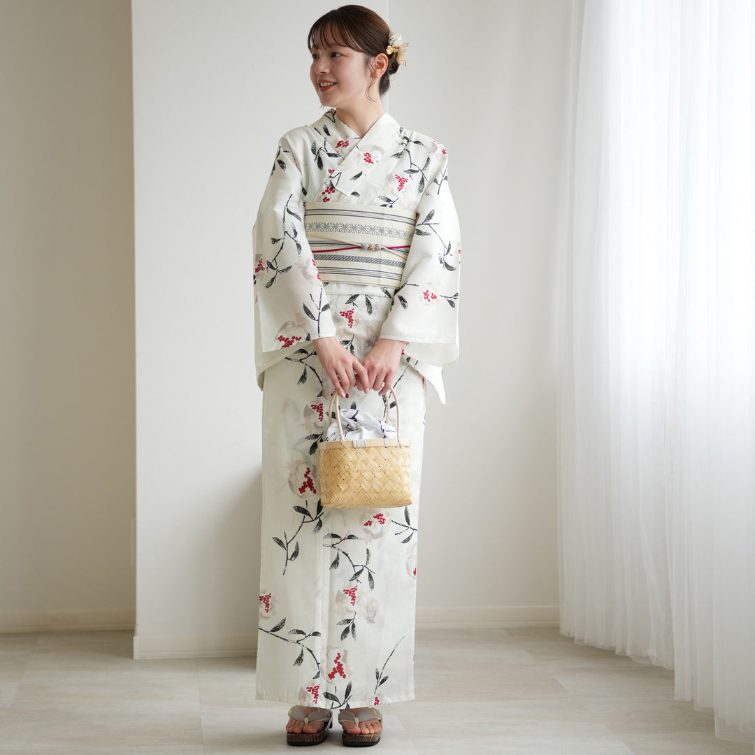 お任せ下駄+お任せ帯白系+お任せ帯締め◆◆高級変わり織り浴衣★優美な金魚柄 utatane 高級変わり織 浴衣3点セット ( ゆかた・帯・下駄 ) 白地