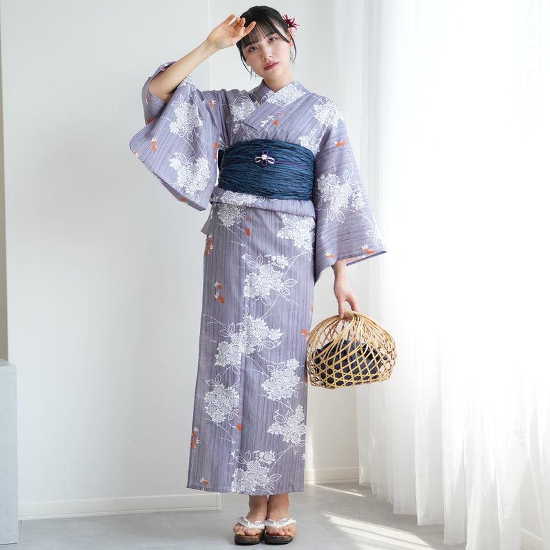 【ニコアンティーク 高級変わり織 浴衣3点セット ( ゆかた・帯・下駄 ) かすれ藤色に向日葵と金魚】 フリーサイズ 国産生地 国内染色　個性派きもの（5010270211）