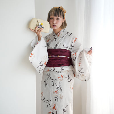 【ニコアンティーク 高級変わり織 浴衣3点セット ( ゆかた・帯・下駄 )淡いグレーに柘榴】 Lサイズ（165-175cm） 国産生地 国内染色　個性派きもの（5012270311）