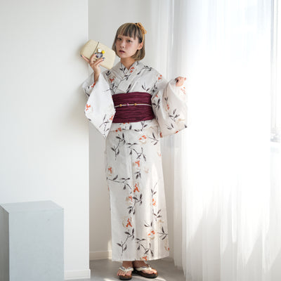 【ニコアンティーク 高級変わり織 浴衣3点セット ( ゆかた・帯・下駄 )淡いグレーに柘榴】 Lサイズ（165-175cm） 国産生地 国内染色　個性派きもの（5012270311）