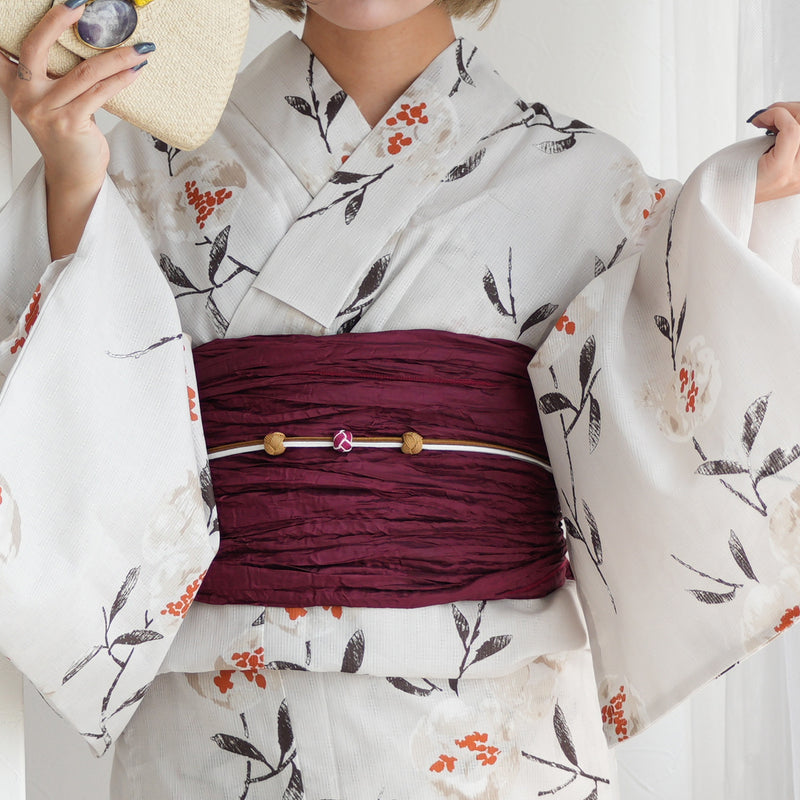 【ニコアンティーク 高級変わり織 浴衣3点セット ( ゆかた・帯・下駄 )淡いグレーに柘榴】 Lサイズ（165-175cm） 国産生地 国内染色　個性派きもの（5012270311）