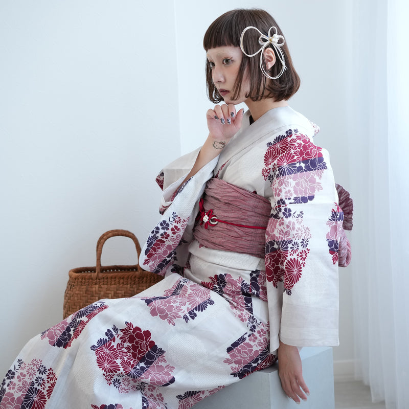 【ニコアンティーク 高級変わり織 浴衣3点セット ( ゆかた・帯・下駄 ) えんじの花輪よろけ縞】 3Lサイズ（ヒップ約130cm位まで対応） 国産生地 国内染色　個性派きもの（5013270611）
