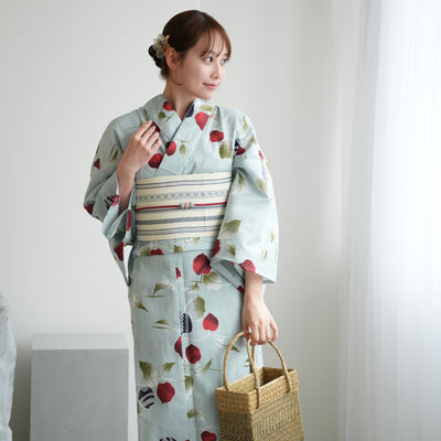 【ニコアンティーク 高級変わり織 浴衣3点セット ( ゆかた・帯・下駄 )縞々ブルーに赤のほおずき】 Lサイズ（165-175cm） 国産生地 国内染色　個性派きもの（5012270911）
