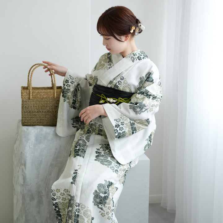 21日まで大特価◯新品◯浴衣◯縞　大人粋◯夏着物◯黒　抜染 ニコアンティーク 高級変わり織 浴衣3点セット ( ゆかた・帯