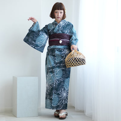 【ニコアンティーク 高級変わり織 浴衣3点セット ( ゆかた・帯・下駄 ) 深海の菊づくしと渦波】 フリーサイズ 国産生地 国内染色　個性派きもの（5010271311）