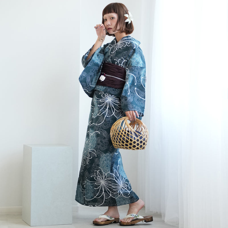 【ニコアンティーク 高級変わり織 浴衣3点セット ( ゆかた・帯・下駄 ) 深海の菊づくしと渦波】 フリーサイズ 国産生地 国内染色　個性派きもの（5010271311）