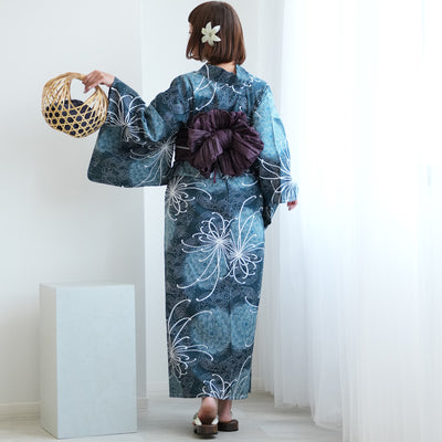 【ニコアンティーク 高級変わり織 浴衣3点セット ( ゆかた・帯・下駄 ) 深海の菊づくしと渦波】 フリーサイズ 国産生地 国内染色　個性派きもの（5010271311）