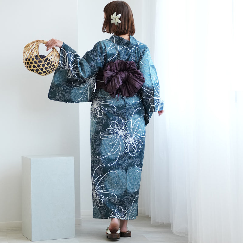 【ニコアンティーク 高級変わり織 浴衣3点セット ( ゆかた・帯・下駄 ) 深海の菊づくしと渦波】 フリーサイズ 国産生地 国内染色　個性派きもの（5010271311）