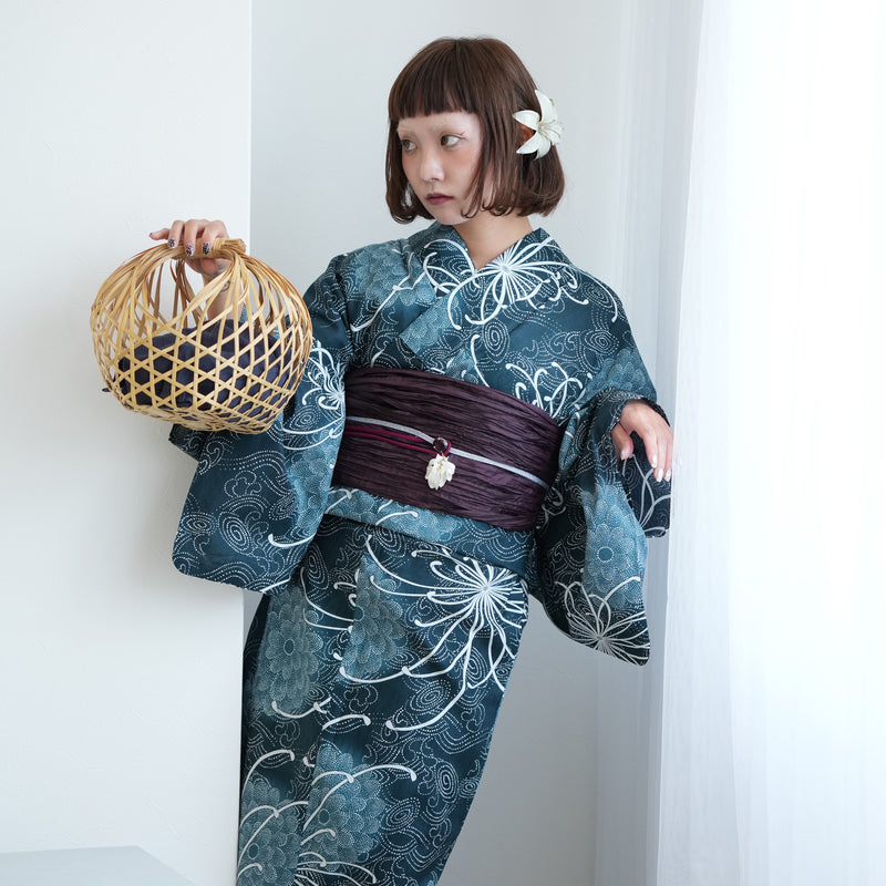 【ニコアンティーク 高級変わり織 浴衣3点セット ( ゆかた・帯・下駄 ) 深海の菊づくしと渦波】 フリーサイズ 国産生地 国内染色　個性派きもの（5010271311）