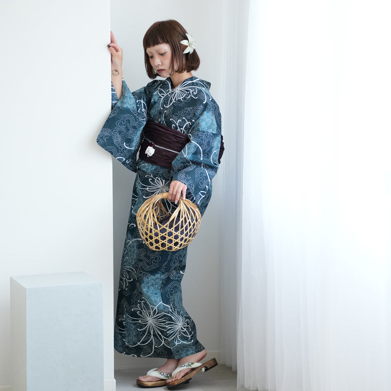 【ニコアンティーク 高級変わり織 浴衣3点セット ( ゆかた・帯・下駄 ) 深海の菊づくしと渦波】 フリーサイズ 国産生地 国内染色　個性派きもの（5010271311）