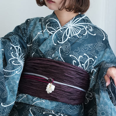 【ニコアンティーク 高級変わり織 浴衣3点セット ( ゆかた・帯・下駄 ) 深海の菊づくしと渦波】 フリーサイズ 国産生地 国内染色　個性派きもの（5010271311）