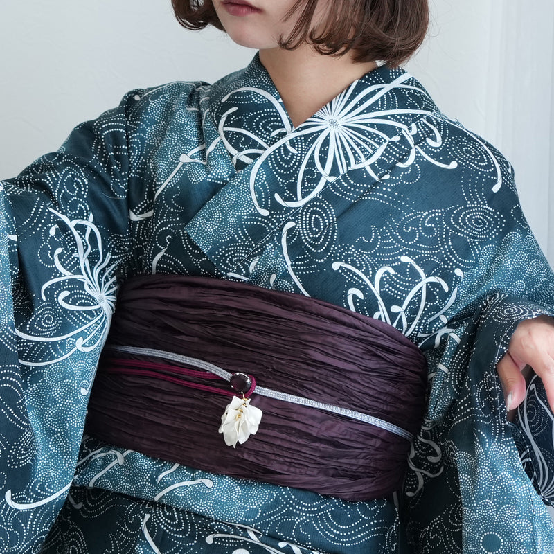 【ニコアンティーク 高級変わり織 浴衣3点セット ( ゆかた・帯・下駄 ) 深海の菊づくしと渦波】 フリーサイズ 国産生地 国内染色　個性派きもの（5010271311）