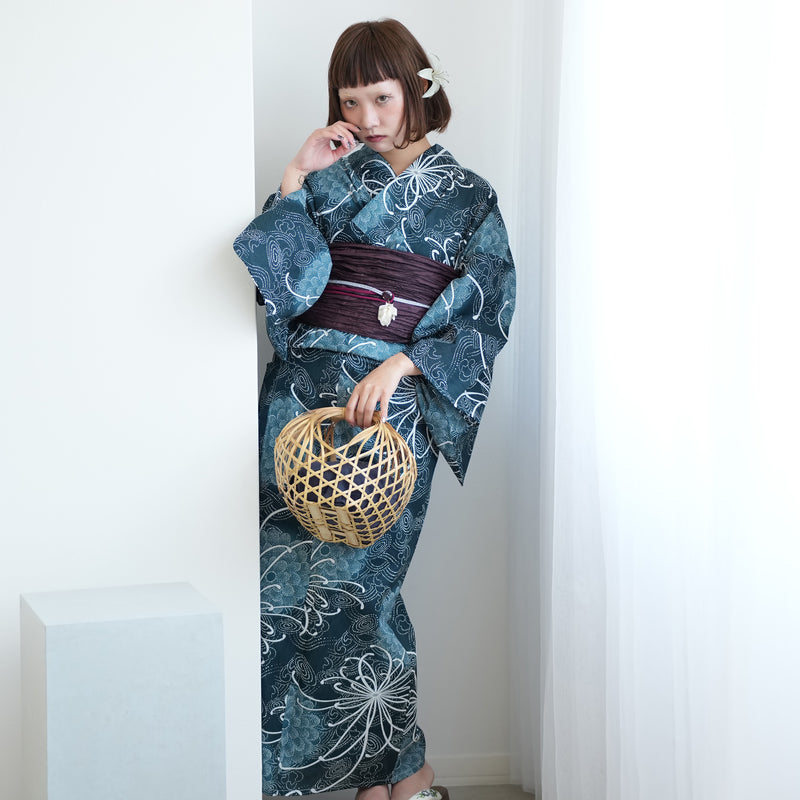 【ニコアンティーク 高級変わり織 浴衣3点セット ( ゆかた・帯・下駄 ) 深海の菊づくしと渦波】 フリーサイズ 国産生地 国内染色　個性派きもの（5010271311）