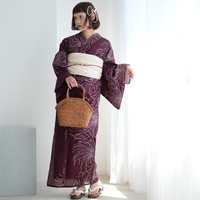 【ニコアンティーク 高級変わり織 浴衣3点セット ( ゆかた・帯・下駄 ) 赤紫に縞々糸菊】3Lサイズ（ヒップ約130cm位まで対応）国産生地 国内染色　個性派きもの（5013271511）