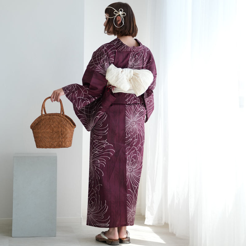 【ニコアンティーク 高級変わり織 浴衣3点セット ( ゆかた・帯・下駄 ) 赤紫に縞々糸菊】3Lサイズ（ヒップ約130cm位まで対応）国産生地 国内染色　個性派きもの（5013271511）