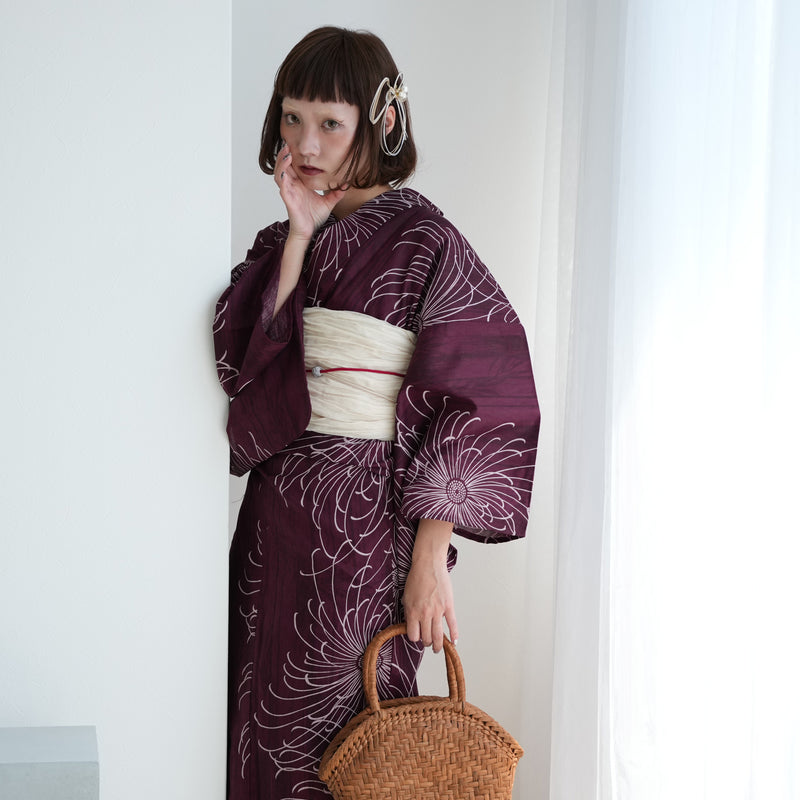 【ニコアンティーク 高級変わり織 浴衣3点セット ( ゆかた・帯・下駄 ) 赤紫に縞々糸菊】3Lサイズ（ヒップ約130cm位まで対応）国産生地 国内染色　個性派きもの（5013271511）