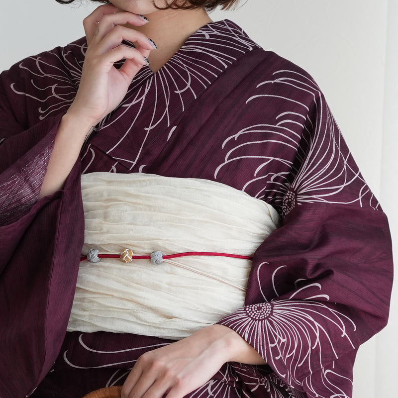 【ニコアンティーク 高級変わり織 浴衣3点セット ( ゆかた・帯・下駄 ) 赤紫に縞々糸菊】3Lサイズ（ヒップ約130cm位まで対応）国産生地 国内染色　個性派きもの（5013271511）